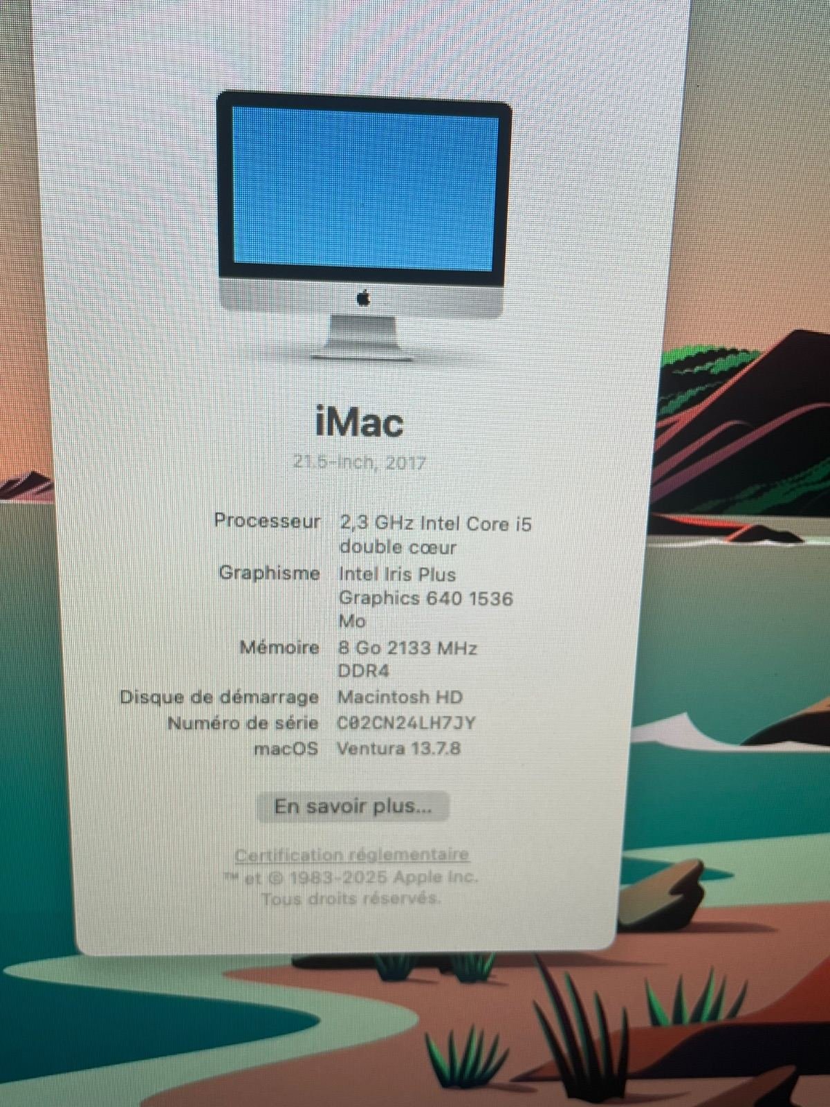 imac 21.5" - i5 - 8Go - 1To - Année 2017