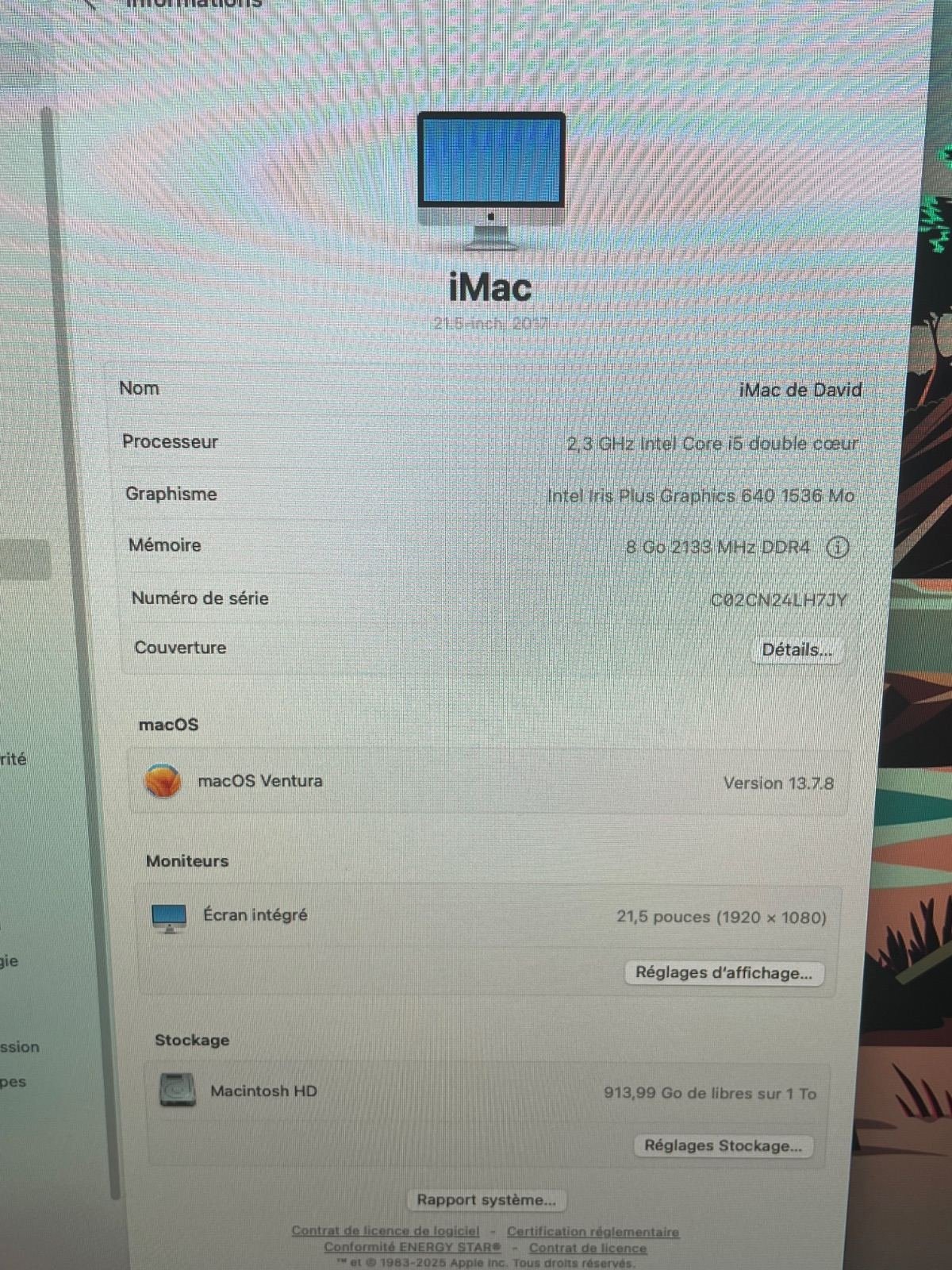 imac 21.5" - i5 - 8Go - 1To - Année 2017