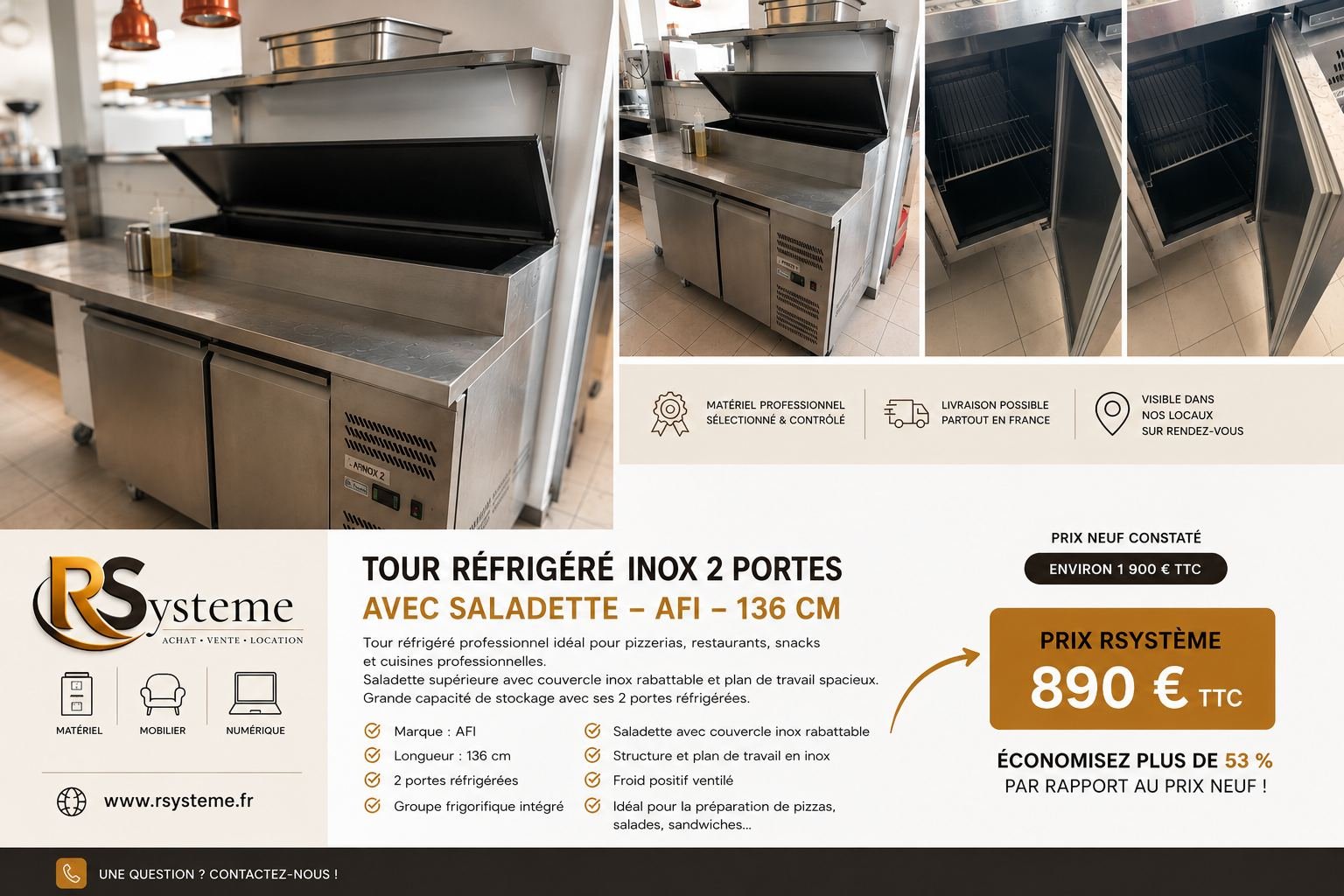 1 tour réfrigéré inox à 2 portes avec saladette AFI 136 cm