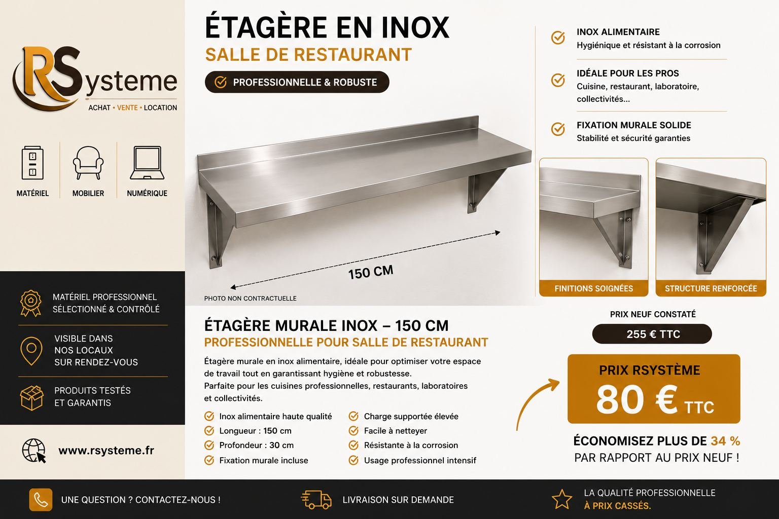 Etagère en inox (démontée)  L. 150 cm